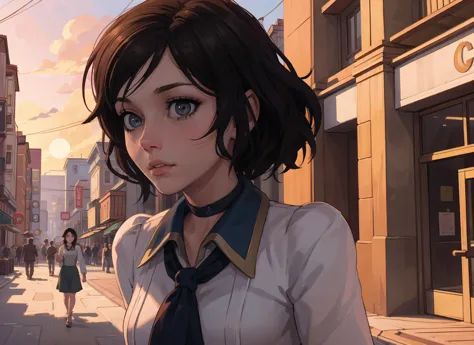 (masterpiece, top quality, best quality, official art, beautiful and aesthetic:1.2), (1girl:1.3), bioshockelizabeth, black choker, medium close up, curious, wondering, amazed, looking away, looking to the side, dynamic, action scene, movement, windy, extremely detailed, colorful, (highly detailed CG illustration), (looking at viewer), cinematic light, solo, half body, (character focus), outside, sunset, during golden hour 