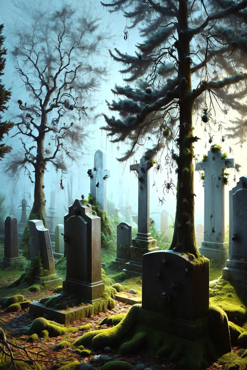 Un cementerio brumoso por la noche, con lápidas antiguas y árboles nudosos, ais-spiderz arrastrándose sobre las tumbas y colgando de las ramas, creando un ambiente escalofriante y fantasmal 