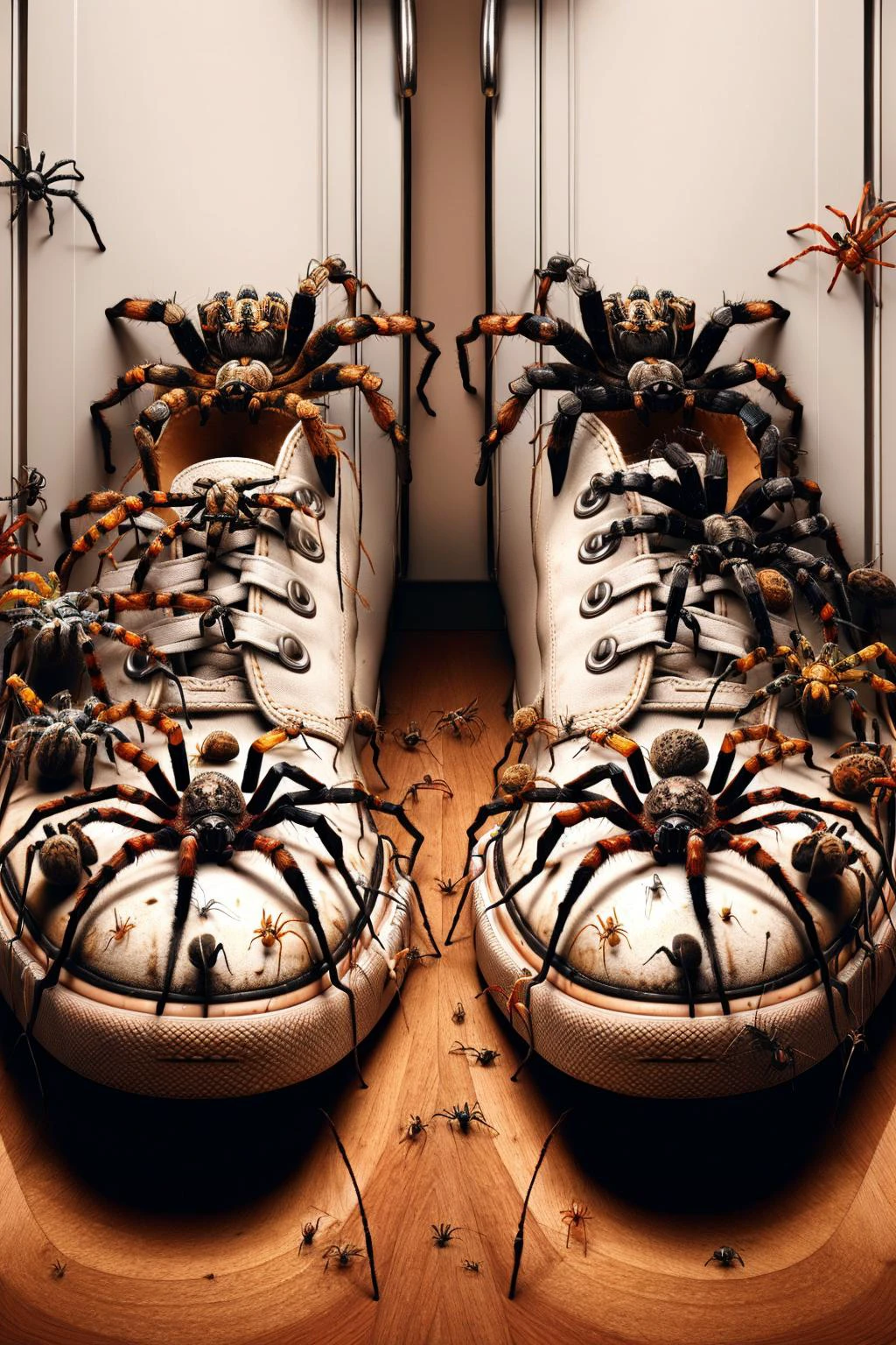 Ais-spiderz on a pair of shoes, in a messy closet 