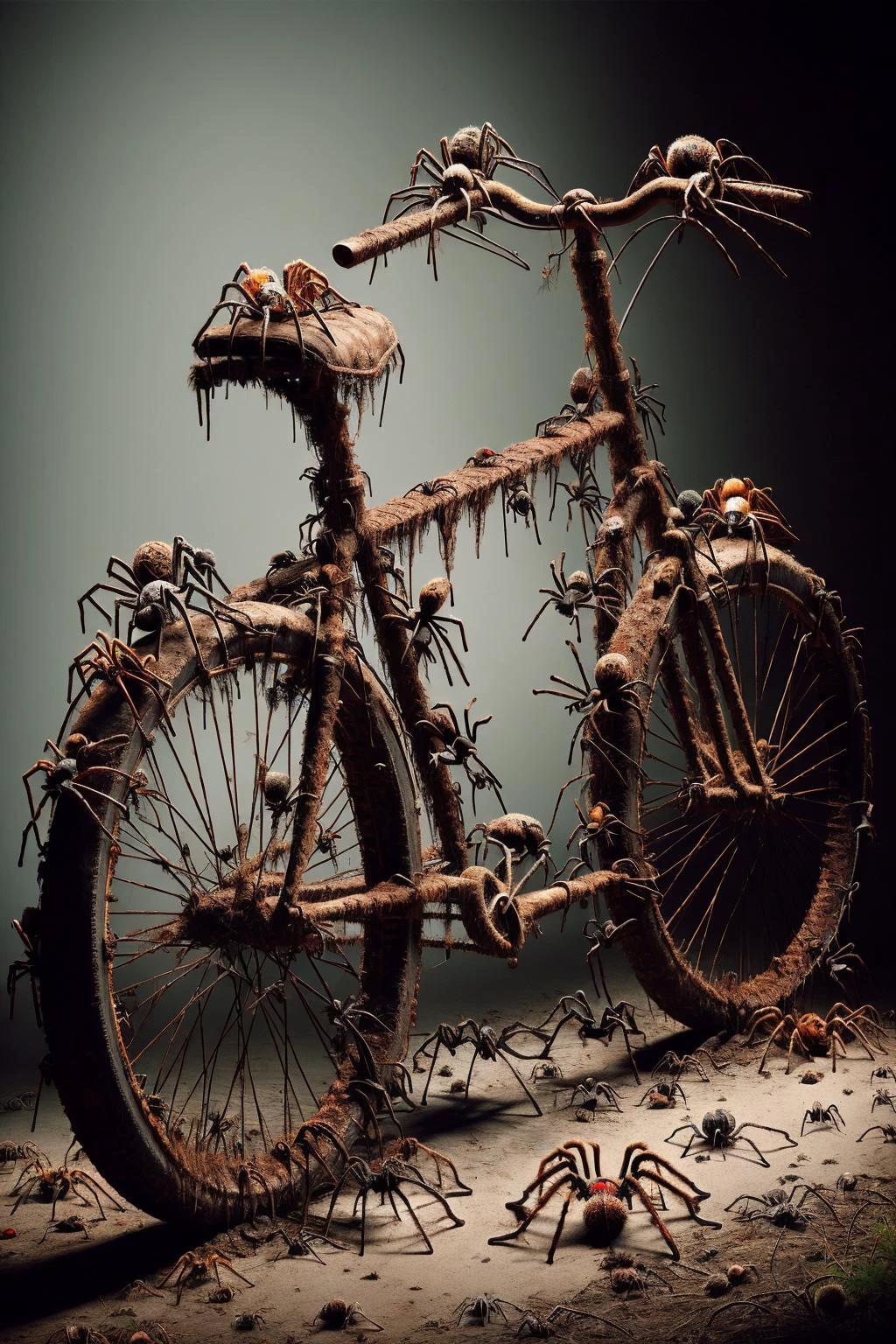 Ais-spiderz on a rusty bicycle, in a forgotten barn 