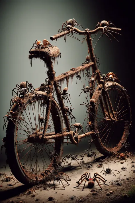 Ais-spiderz on a rusty bicycle, in a forgotten barn <lora:Spiders_Style_SD1.5:1>