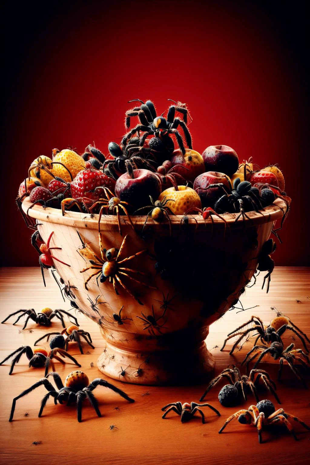 Ais-spiderz in a bowl of fruit, on a kitchen counter 