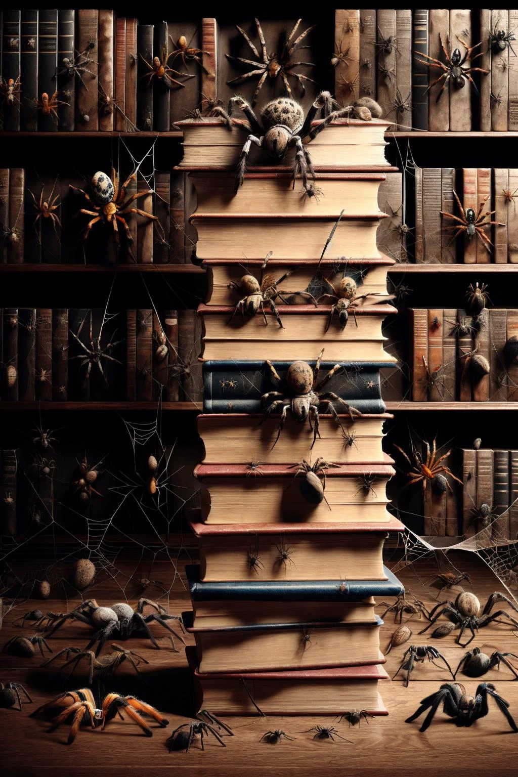 Ais-spiderz on a stack of books, in einer ruhigen Bibliothek 