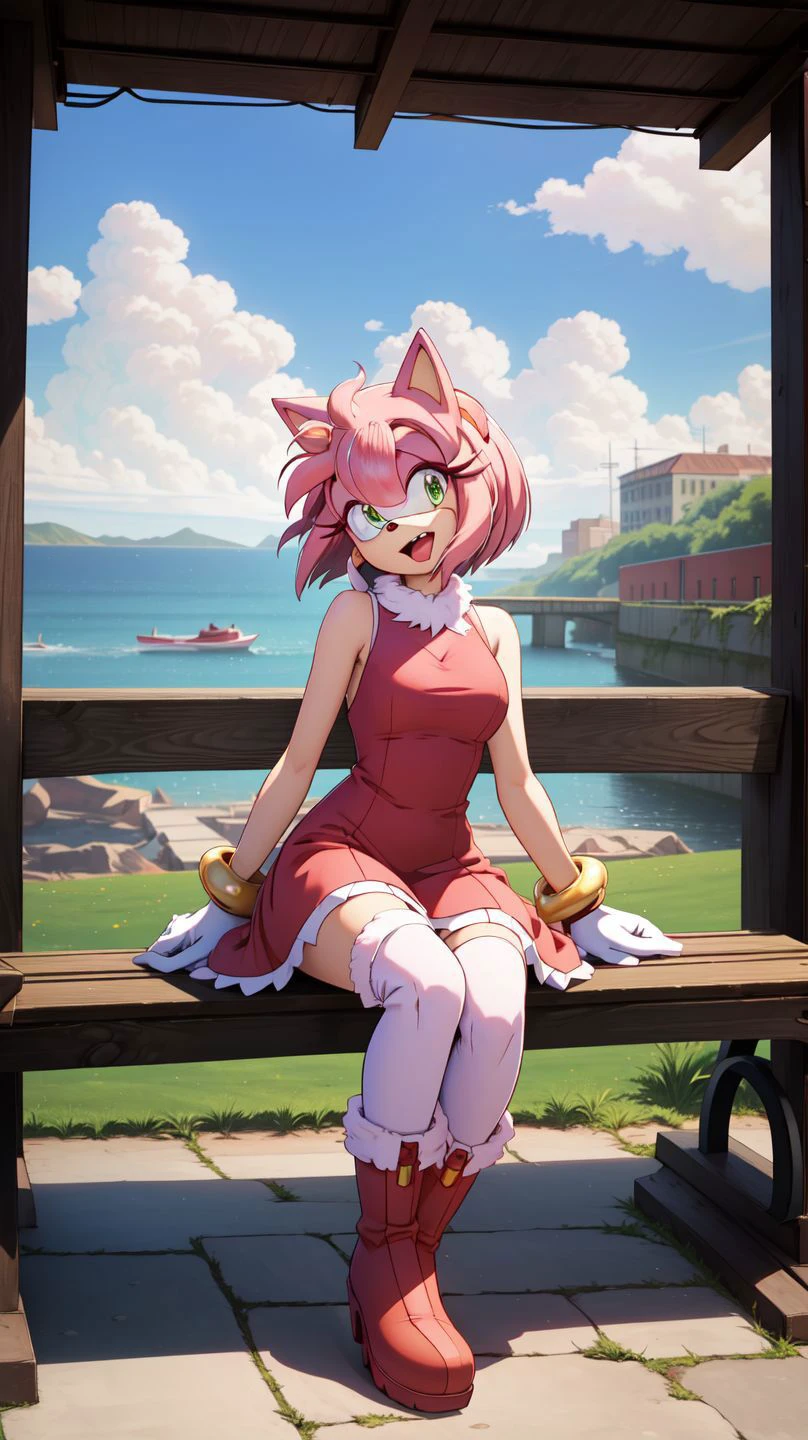 (Obra Maestra Mejor Calidad:1.2),HDR,(subido en e621),((por nitro, por chadthecartoonnut, por marthedog)),Amy Rose,1 chica,mirando al espectador,sonrisa,cabello corto,Boca abierta,fondo sencillo,guantes,vestido,cuerpo completo,banda para el cabello,botas,sin mangas,brazos de tono de piel,white guantes,sin mangas vestido,red vestido,feliz,calzado rojo,peludo,peludo female,red banda para el cabello,nariz de animal,solo,Sonic el erizo \(serie\),ojos verdes,orejas de animales,cabello rosado,pelaje rosa,white stripped botas,anatomía perfecta,afuera,ciudad,hora del día,cielo azul,Nubes,detallado background,detallado,manos perfectas,Banco,sesión,5 dedos,