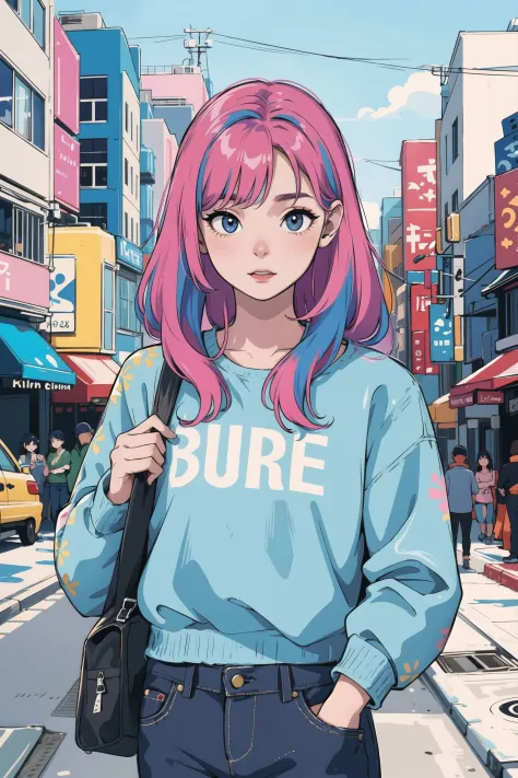 masterpiece, best quality, 1girl, wearing casual clothing, colored hair, prettyeyes, colorful futuristic city, highly detailed, colorful