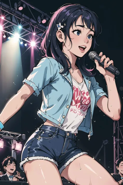 masterpiece, best quality, 1girl, wearing musician clothes, wearing idol accessories, dynamic pose, dynamic angle, wet fabric, singing, idol, foreshortening, broad smile, colored hair,  busy nightclub background, wet ,highly detailed, on stage, crowd in background, neon lights, expressive style,