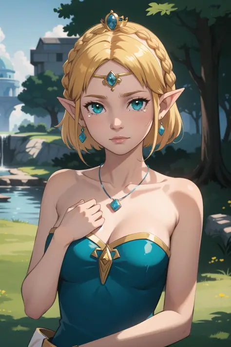 detailed_background,outdoors,short_hair,princess_zelda,magatama_necklace,earrings,tears,the_legend_of_zelda,strapless,necklace,dress,jewelry,circlet,the_legend_of_zelda:_tears_of_the_kingdom,crown_braid,looking_at_viewer,highres,pointy_ears,blonde_hair,hand_on_own_chest,braid,1girl,pendant,upper_body,magatama,green_eyes,strapless_dress,absurdres,jiu_xiao_han,closed_mouth,solo,sidelocks