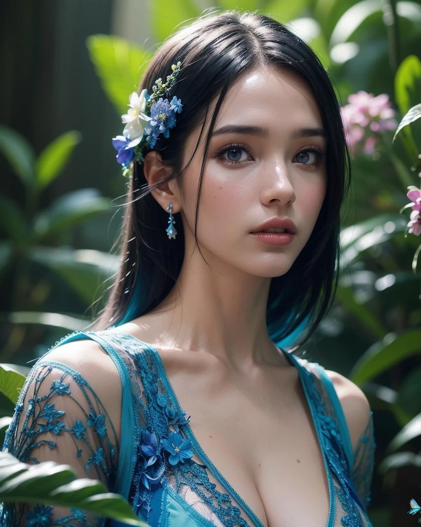 fashion photography portrait of blue human avatar, in blue lush jungle with flowers and birds, 3d render, cgi, symetrical, octane render, 35mm, bokeh, 9:16, (intricate details:1.12), hdr, (intricate details, hyperdetailed:1.15), (natural skin texture, hyperrealism, soft light, sharp:1.2)