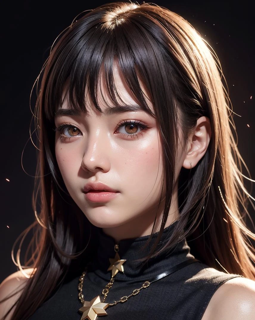 1girl, star eye, blush, perfect illumination, distinct, red eyes, unreal engine, sidelighting, detailed face, bangs, bright skin, simple background, dark background,