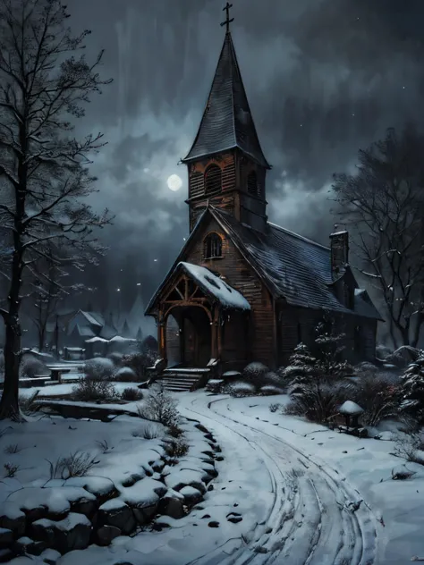 a painting of a church in the snow with a full moon