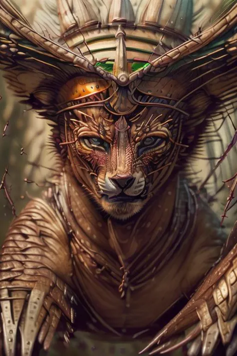 a close up of a cat with a horned head and a horned face