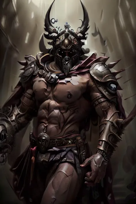 a man with a horned face and a horned body in armor