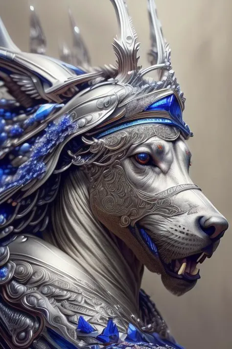 a close up of a statue of a dog with a blue headdress