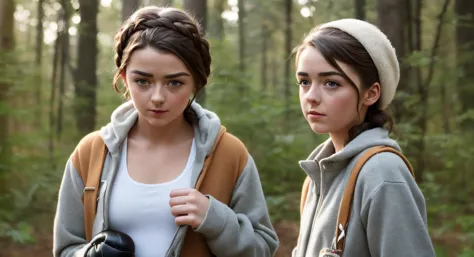 two women standing in the woods with a camera