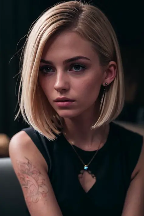 <lora:LowRA_1:0.6>, (high quality:1.4, best quality:1.4, absurdres, masterpiece), RAW analog photo of a young adult girl, very beautiful, solo focus, annoyed scowl with crossed arms, smoky room, ((blonde hair)), olive skin with visible pores, bob cut with an undercut, punk, multiple piercings, multiple tattoos, eyebrow piercing, nose piercing, candid moment, film grain, OverallDetail, SkinDetail, <lora:epi_noiseoffset2_1:1.0>