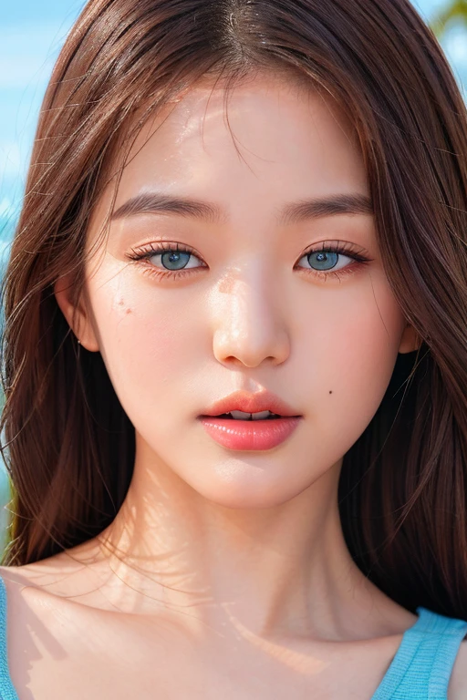 jwy1, perfect eyes,  best quality, standing, pose,sexy,masterpiece, nikon RAW photo,8 k,Fujifilm XT3,masterpiece, best quality, realistic, photorealistic,ultra detailed,extremely detailed face, solo,1girl, blue sky,beach,sport,  
