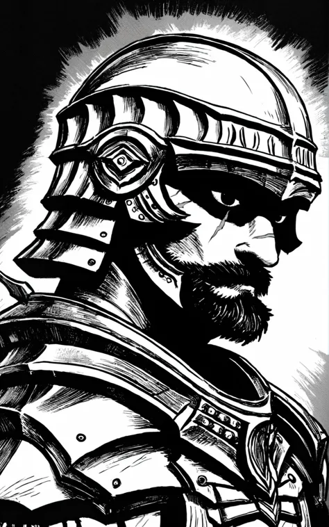 a black and white drawing of a man with a helmet on