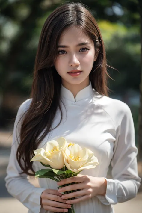 1girl, aodai yellow dress, photo art, (flower:1.2),<lora:aodai_SD_chiasedamme_v02:0.6>, a stunning photo with beautiful saturati...