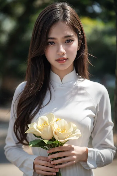 a woman in a white shirt holding a bouquet of flowers