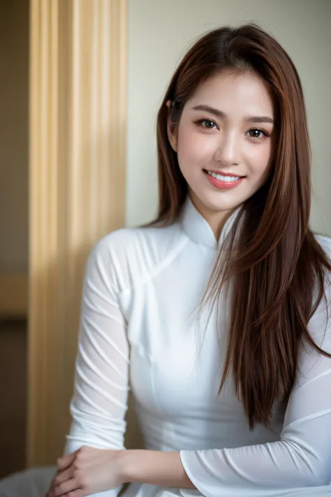 girlvn01, 1girl, smile, aodai white, photo art, flower, a stunning photo with beautiful saturation, ultra high res,(realistic:1.4)),deep shadow,(best quality, masterpiece), pale skin, dimly lit, shade, flustered, blush, highly detailed, skinny, BREAK depth of field, film grain, wrinkled skin, looking at viewer, knee, warm smile, (upper body), masterpiece,ultra realistic,32k,extremely detailed CG unity 8k wallpaper, best quality 