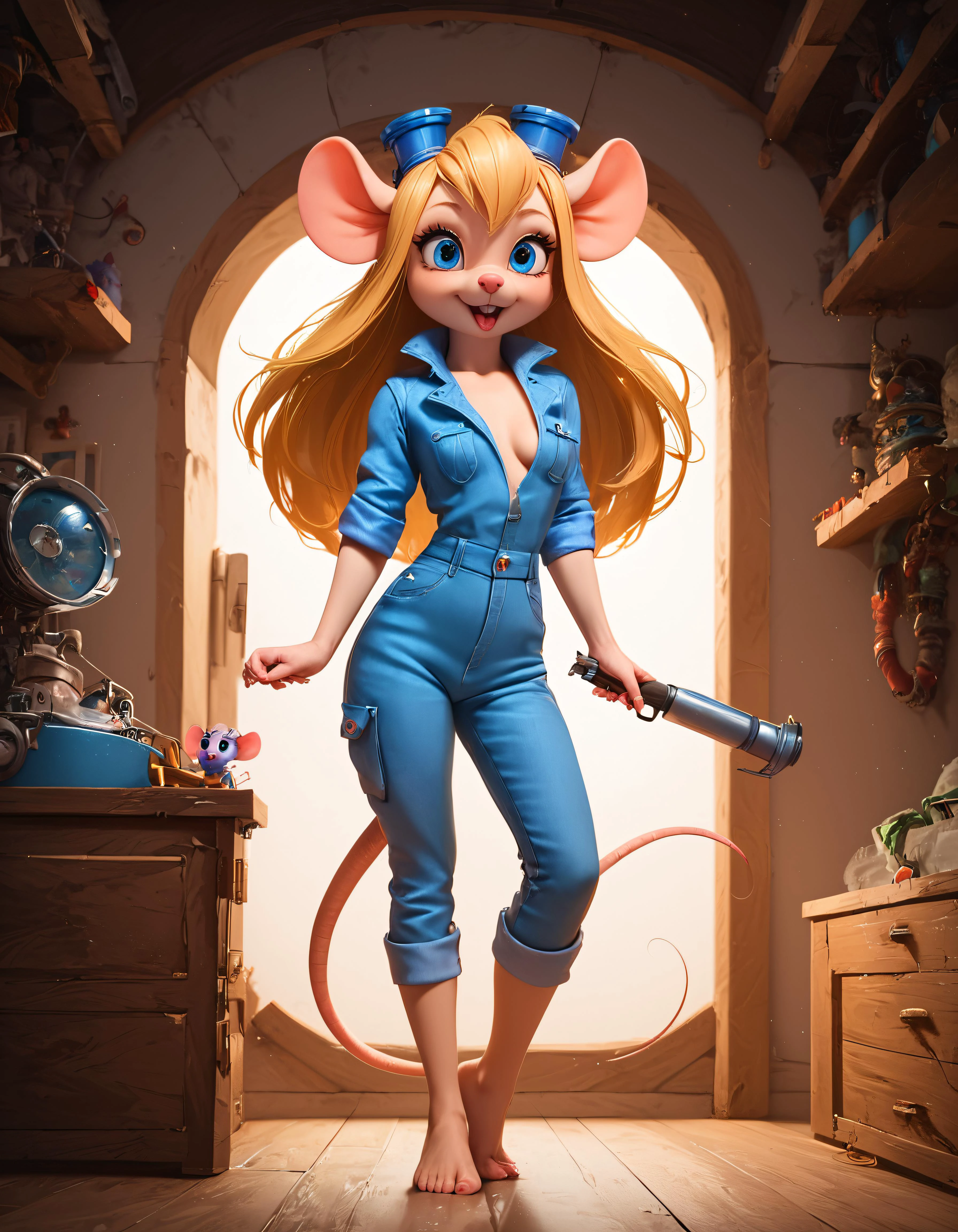 score_9, score_8_up, score_7_up, source_realistic, highly realistic, (absurd resolution), intricate details, zPDXL2, asymmetrical, concept art, raw photo,
1girl, tiny shrunken anthro mouse woman, gadget hackwrench, sparkling blue eyes, long blonde hair, medium breasts, wearing blue denim jumpsuit with sleeves rolled up, welding goggles on head, barefoot, erotic pose,
huge tools, giant screwdriver, mouse hole,
dynamic angle, cinematic lighting, detailed fur texture, detailed eyes, detailed background, volumetric lighting, subsurface scattering,
Expressiveh, 