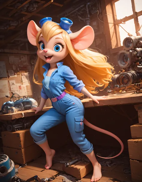 a close up of a toy mouse girl in a blue jumpsuit