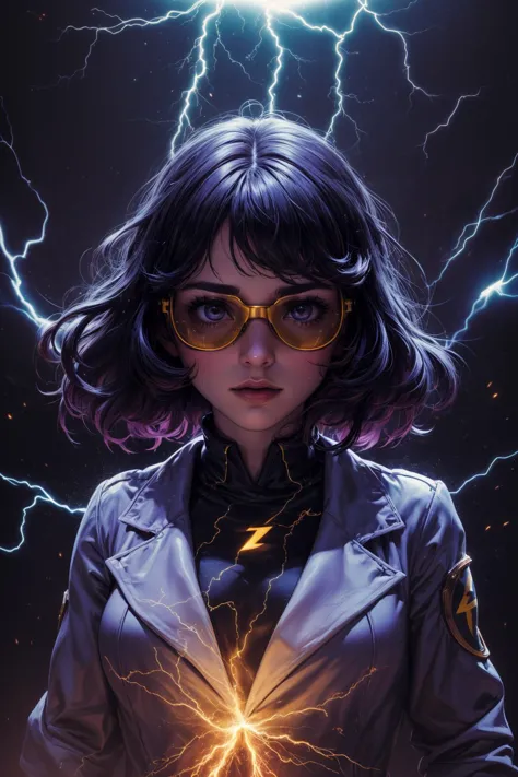 a woman in a purple jacket and glasses holding a lightning bolt