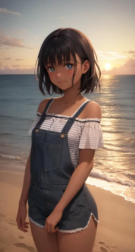 (masterpiece:1.2), best quality, absurdres, illustration, 8k, realistic shadows,cowboy shot,  blush, detailed shadows,  skindentation, long eyelashes, beautiful detailed eyes, ultra-realistic, realistic, perfect pupils,  hdr, upper body, light smile, shiny skin
ocean, pier, cliffs, beach, house, gradient, setting sun, water reflection, dusk
kofune_mio, 1girl, solo, shirt, short sleeves, dark-skinned female, tied-up shirt, striped shirt, overall, black hair, off shoulder, standing,  shorts