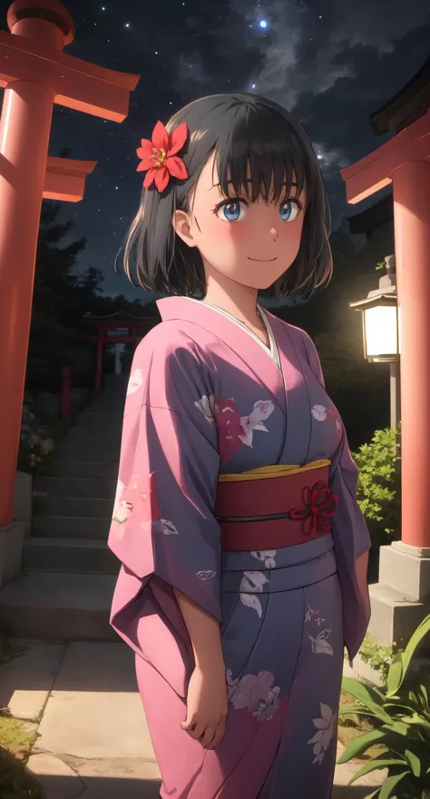 anime girl in kimono outfit standing in front of a red gate