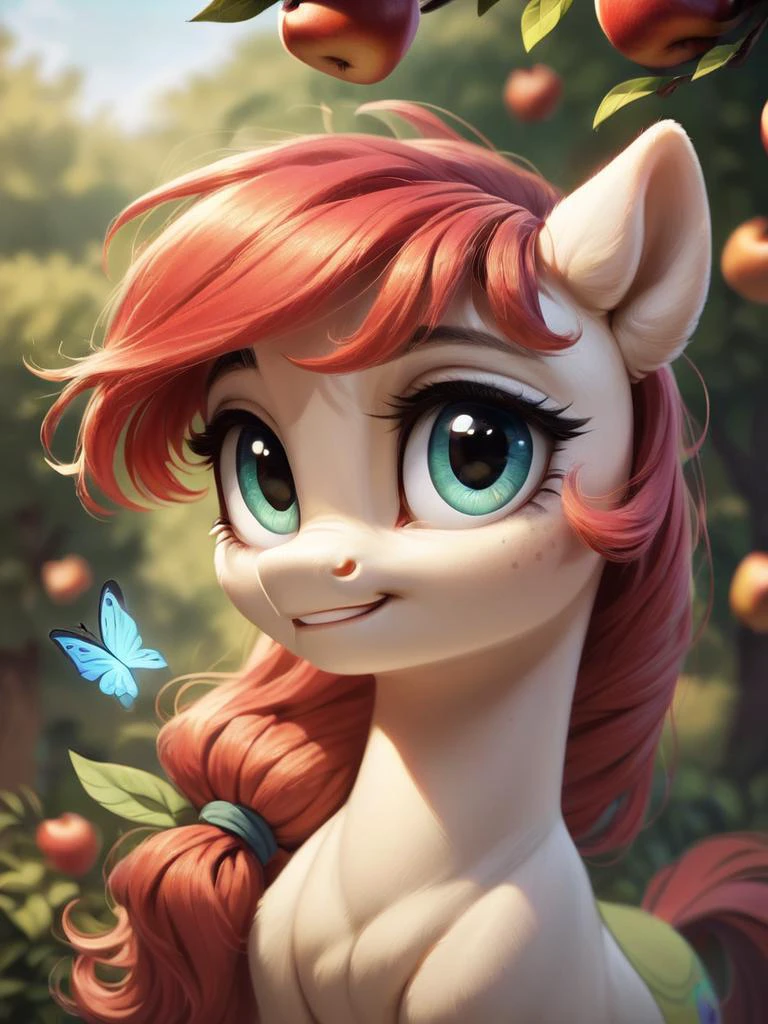 score_9,score_8_up,score_7_up,score_6_up,score_5_up,score_4_up,source_pony,woman playing with a butterfly near a apple tree,feral,solo focus,rating_safe,