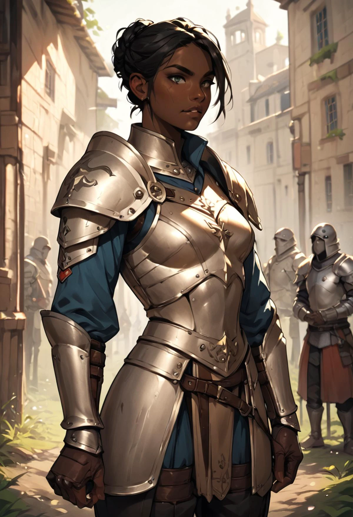 score_9, score_8_up, score_7_up, score_6_up, score_5_up, score_4_up,woman in armor standing in a battlefield,armor,dark skin,medieval,fantasy,solo focus,epic