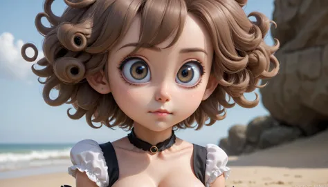 fantastic scenery, outdoors, beach[::2], flat chest, female child, big hair, ringlets[::1], maid cosplay, sideless outfit, fanta...