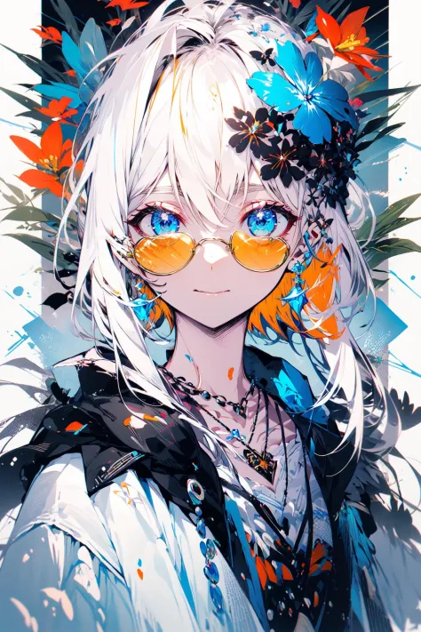 , (masterpiece:1.2), best quality,midjourney,
solo, tinted eyewear, jewelry, hair ornament, looking at viewer, black background, 1girl, short hair, blue eyes, earrings, simple background, flower, upper body, hair flower, orange-tinted eyewear, sunglasses, necklace, jacket, closed mouth, floral print, bangs, blonde hair, white hair, makeup, round eyewear, piercing
 <lora:midjourney_20230624181825:0.9>