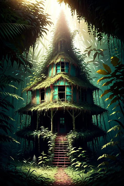 masterpiece of an abandoned overgrown cabin in a jungle, glowing, magic, mushrooms, ferns, crystals, fantasy, <lora:OvergrownCit...