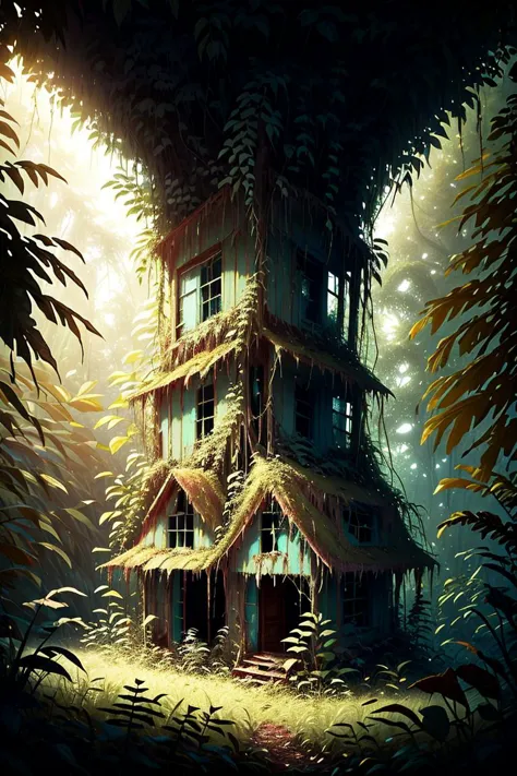 masterpiece of an abandoned overgrown cabin in a jungle, glowing, magic, mushrooms, ferns, crystals, <lora:OvergrownCity:1>,