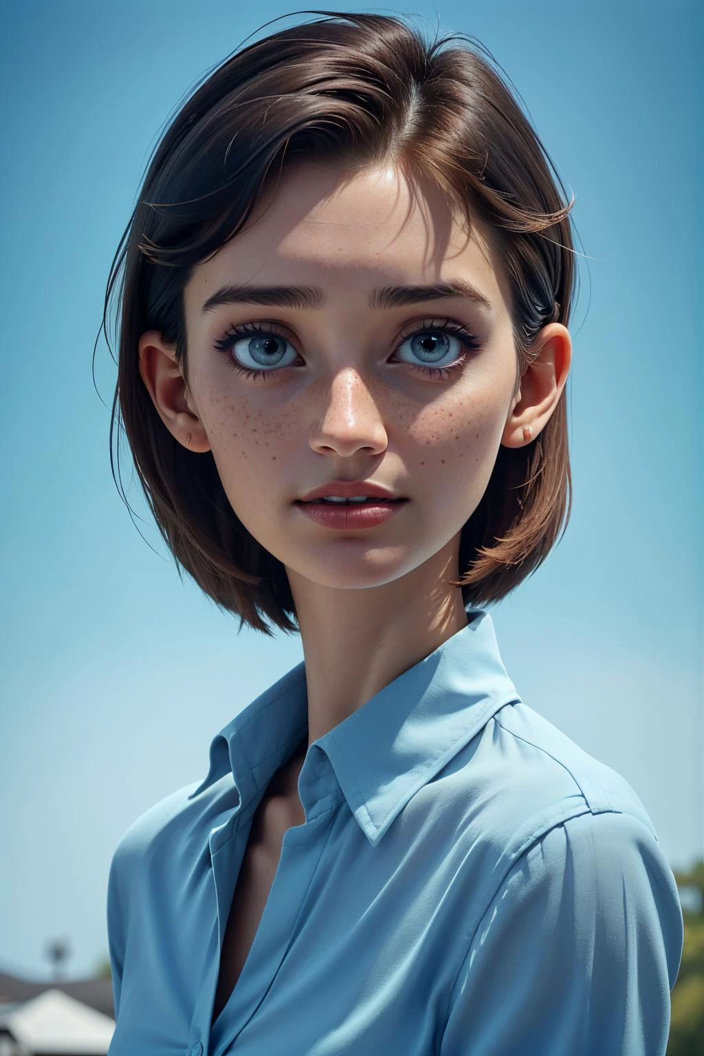 photo of slim woman, plain background, epiC35mm, film grain, shirt, (freckles:0.8), upper body shot, (blue color plain background:1.3), CelineBethmann
photo of perfecteyes eyes, perfecteyes eyes