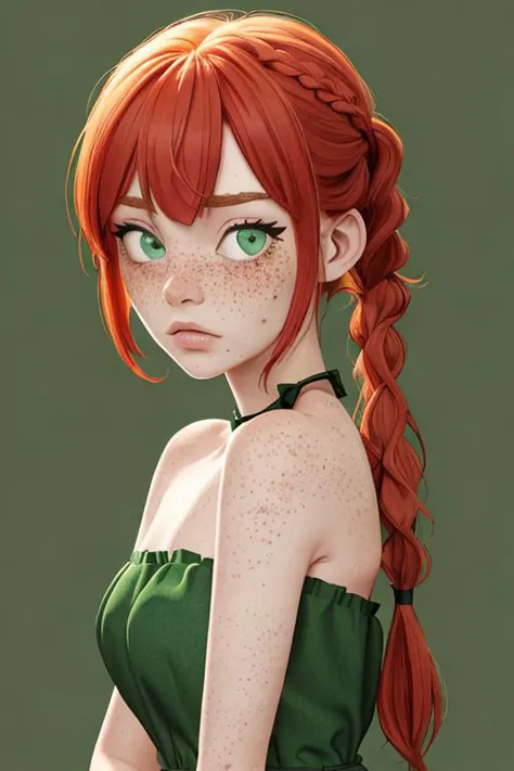 a woman with red hair and green eyes wearing a green dress