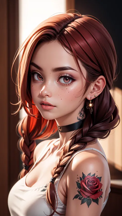 SFW,highest quality,woman,27 year old,backlighting,black choker,blurry background,blush,closed mouth,collarbone,earrings,forehead,freckles,hair over shoulder,jewelry,long hair,looking down,pointy nose,lips glossy,shadow,solo,thick eyebrows,thick eyelashes,upper body,red hair,braids,tattoos,tattoos on arms,black rose tattoos on neck,sun beams,warm light,cozy,((masterpiece)),