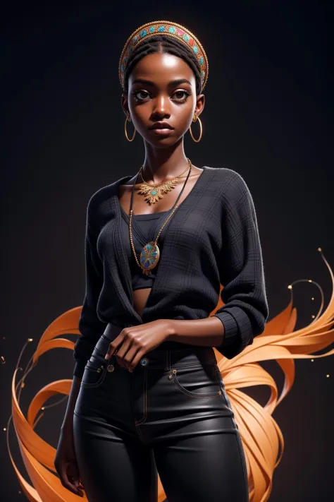 masterpiece, best quality, ultra high res, 1 dark skinned African girl, (fractal art:1.3), deep shadow, dark theme, fully clothed, necklace, forlorn, cowboy shot