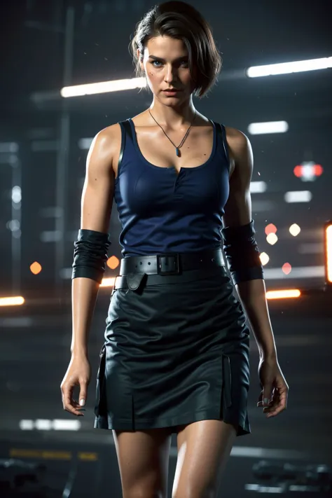 a professional photo of Jill Valentine woman, wearing a long sleeve tulle mesh white blouse, pleated black skirt, attractive standing in the outside of abandoned city sunbathing,  (ultra detailed skin), moles, (perfect eyes), (((perfect hands))), (hourglass waist:1.3), (photorealistic:1.2), 8k, dslr, bokeh<lora:epiNoiseoffset_v3:1>  <lora:Jill_Valentine_RE3R_v1:0.7> <lora:BF4Color:1>