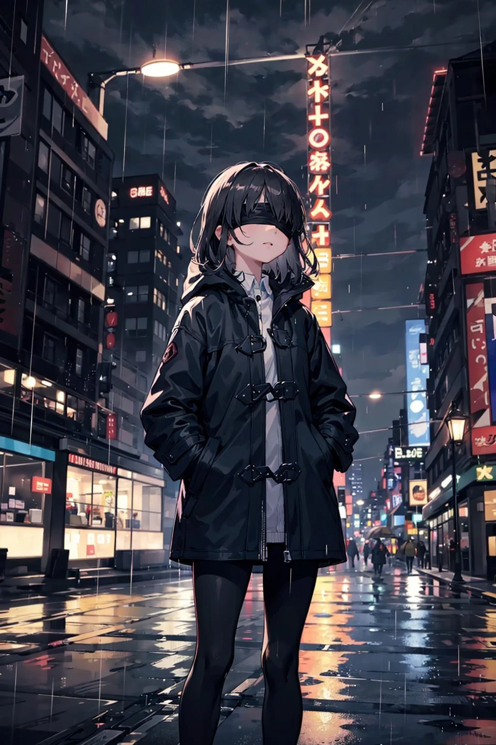 (black-blindfold:1.3),1girl,night city,rain,coat,hands in pockets 
