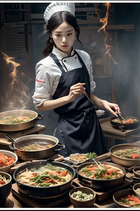 there is a woman cooking in a kitchen with many pots of food