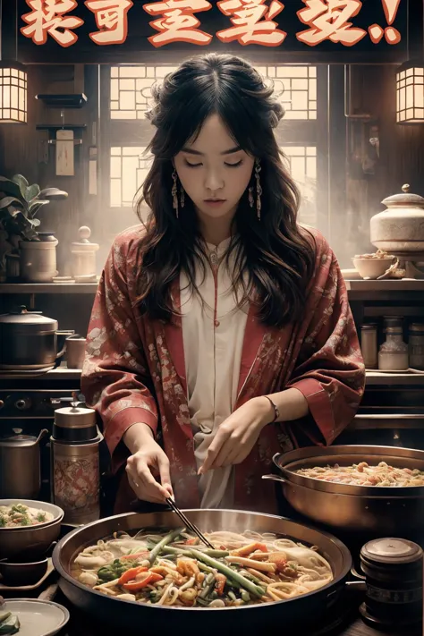 arafed woman preparing food in a chinese kitchen with a large pot