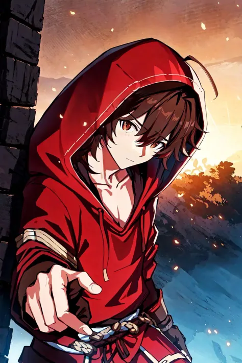 anime boy in red hoodie pointing at something with his finger