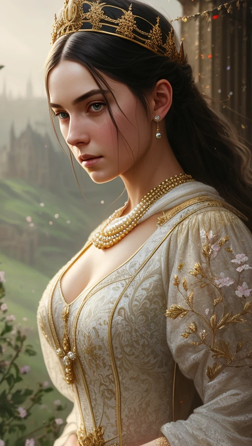modelshoot style, (extremely detailed CG unity 8k wallpaper), full shot body photo of the most beautiful artwork in the world, english medieval witch, green vale, pearl skin,golden crown, diamonds, medieval architecture, professional majestic oil painting by Ed Blinkey, Atey Ghailan, Studio Ghibli, by Jeremy Mann, Greg Manchess, Antonio Moro, trending on ArtStation, trending on CGSociety, Intricate, High Detail, Sharp focus, dramatic, photorealistic painting art by midjourney and greg rutkowski