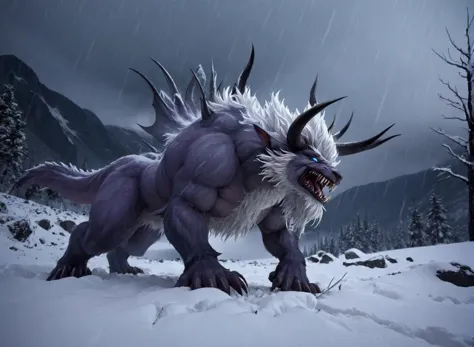 <lora:Final_Fantasys_Behemoth_XL:0.9> white behemoth a beast with long horns, at snowy peaks, hail storm, (masterpiece), best qu...