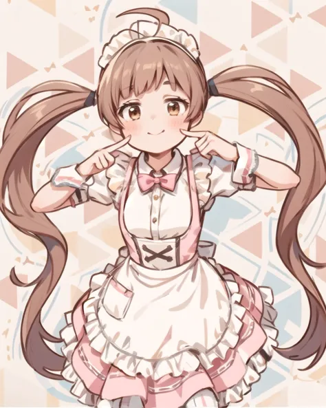 1girl, twintails, solo, long hair, bow, maid headdress, ahoge, smile, frills, brown eyes, very long hair, pink bow, short sleeves, dress, index finger raised, apron, maid, brown hair, looking at viewer, blush, frilled apron, closed mouth, puffy short sleeves, eyebrows visible through hair, bangs, pink dress, light brown hair, puffy sleeves, white apron, striped background, white legwear