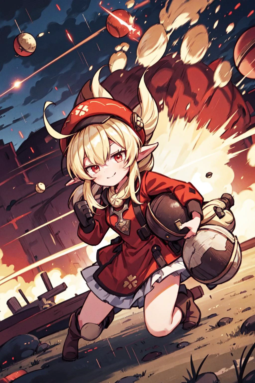 1girl, solo, evil smile, dynamic pose, holding a bomb, it's raining bombs, red round bombs, explosions, Adult_Klee_Genshin, pointy ears, red hat, blonde, outdoors, medieval town, 