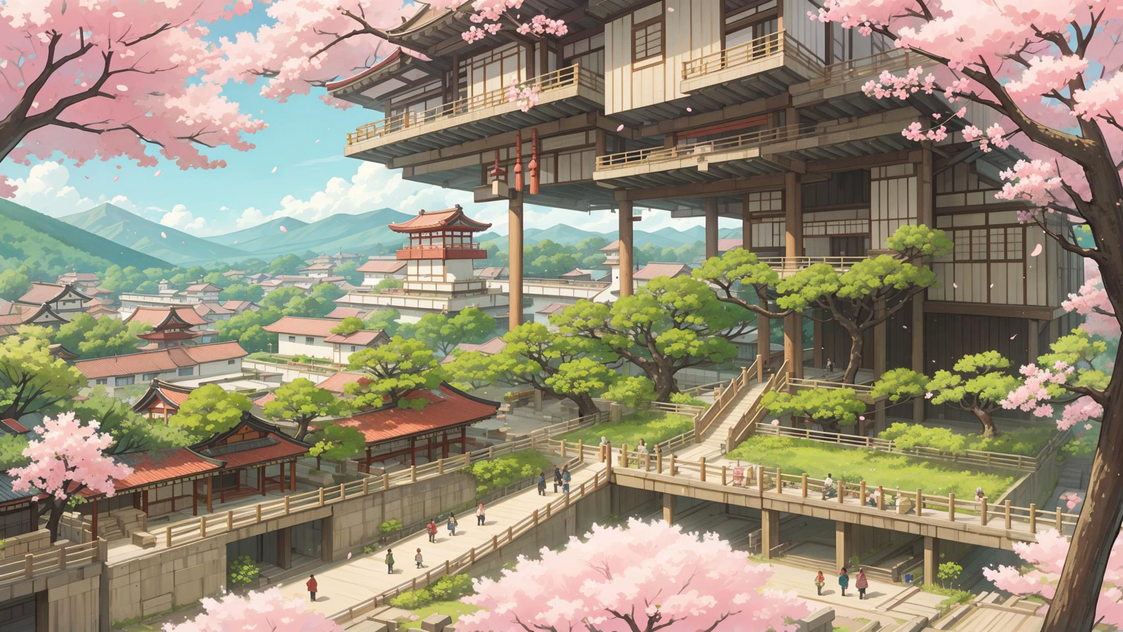 Landscape, Edo period, (Very gigantic multi-storey building complex:1.4), (Multi-storey structure:1.2), Mysterious Shinto facilities in the mountains, Many people passing through the city, Shot from a great distance, View from the sky, Merged with nature, Cherry blossoms in full bloom