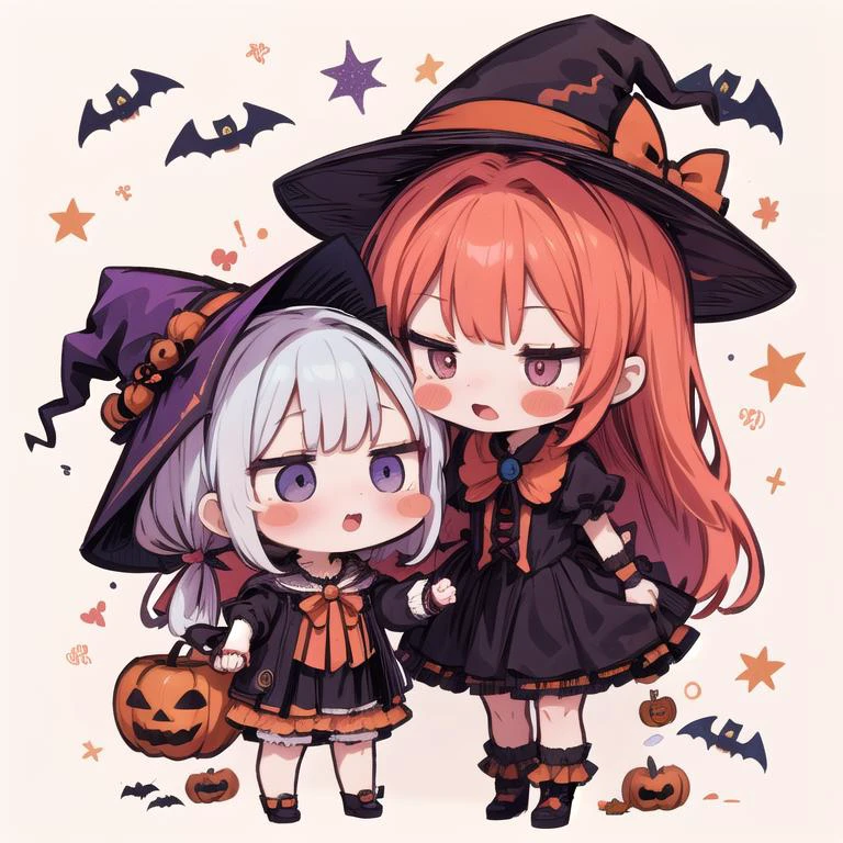 2girls,chibi,applecheek,witch hat, (halloween:1.2),(frilled halloween costume),, cheek-to-cheek, trick or treat,